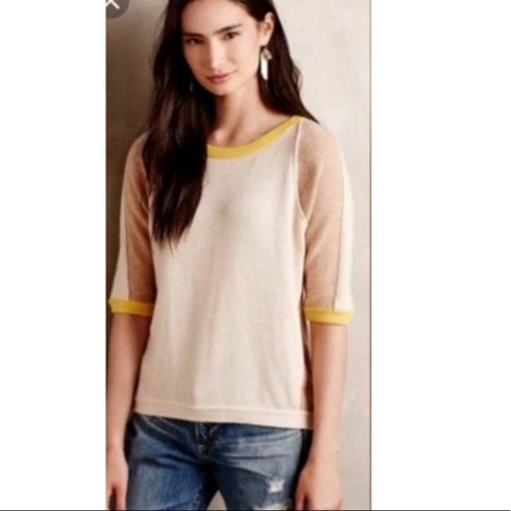Anthropologie Field Flower Colorblock Sweater Cashmere Navy Blue & Turquoise XS